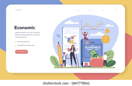 Economy school subject web banner or landing page. Student studying economics and budget. Idea of global economics, investment and foundation. Vector illustration in cartoon style