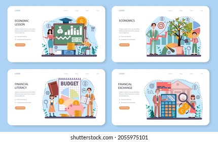 Economy school subject web banner or landing page set. Student studying global economics and money. Idea of business capital, investment and budget. Vector illustration in cartoon style