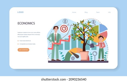 Economy school subject web banner or landing page. Student studying global economics and money. Idea of business capital, investment and budget. Vector illustration in cartoon style