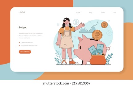 Economy school subject web banner or landing page. Student studying global economics and money. Idea of business capital, investment and budget. Vector illustration in cartoon style