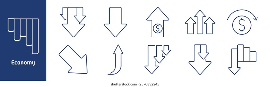 Economy set icon. Declining bars, downward arrows, rising dollar, financial growth, market trends, dollar cycle, descending chart