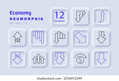 Economy set icon. Financial growth, market decline, investment arrows, economic indicators, currency fluctuation, inflation, interest rate, statistics, financial trends, revenue increase, stock market