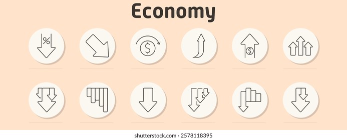 Economy set icon. Percent decrease, downward arrow, currency cycle, upward curve, dollar increase, growth arrows, decline chart, double down, bar graph decrease, downward trend, triple down, drop