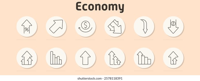 Economy set icon. Percent increase, upward arrow, currency cycle, double arrows, downward curve, financial decrease, growth bar, rising trend, growth arrows, upward curve, bar graph increase, movement