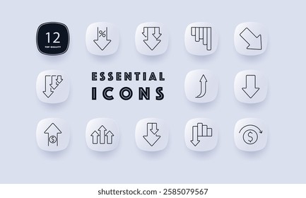 Economy set icon. Percentage drop, stock market decline, financial downturn, descending chart, upward arrow, cash flow, economic trends, inflation, crisis, profit growth, recovery, monetary loss