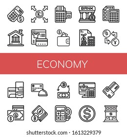 economy simple icons set. Contains such icons as Calculator, Bank, Euro, Payment, Credit card, Wallet, Exchange, Refrigerator, Currency, Budget, can be used for web, mobile and logo