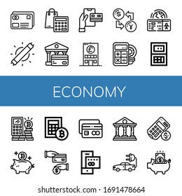 economy simple icons set. Contains such icons as Credit card, Led light, Calculator, Bank, Payment, Exchange, Boarding pass, Piggy bank, Cash back, can be used for web, mobile and logo