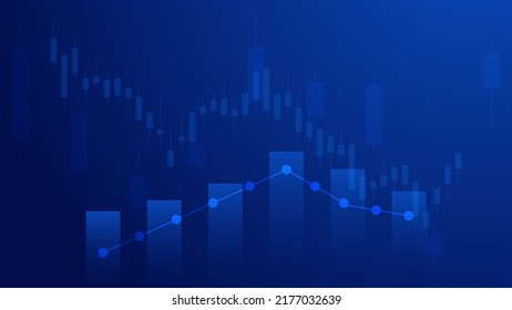 economy situation concept. Financial business statistics with bar graph and candlestick chart show stock market price and currency exchange on blue background