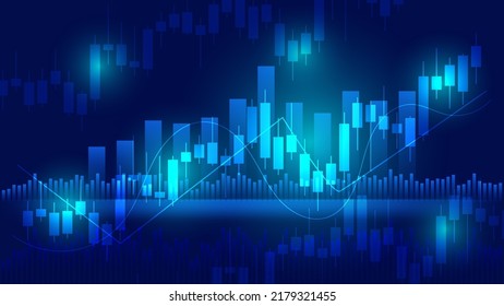 economy situation concept. Financial business statistics with bar graph and candlestick chart show stock market price and currency exchange on blue background