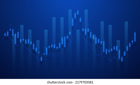 economy situation concept. Financial business statistics with bar graph and candlestick chart show stock market price and currency exchange on blue background