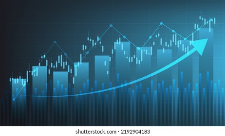 concepto de situación económica. Las estadísticas de negocios financieros con gráfico de barras y gráfico de candlestick muestran el precio del mercado de valores y el cambio de divisas en un entorno verde oscuro