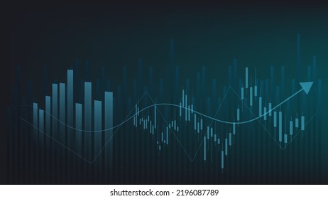 economy situation concept. Financial business statistics with bar graph and candlestick chart show stock market price and currency exchange on dark green background