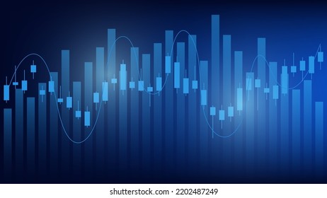 economy situation concept. Financial business statistics with bar graph and candlestick chart show stock market price and currency exchange on blue background