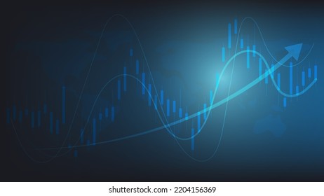 economy situation concept. Financial business statistics with bar graph and candlestick chart show stock market price and currency exchange on blue background