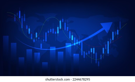 economy situation concept. Financial business statistics with bar graph and candlestick chart show stock market price and currency exchange on blue background