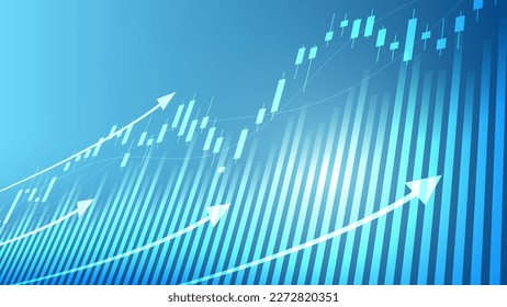 economy situation concept. Financial business statistics with bar graph and candlestick chart show stock market price and currency exchange on blue background