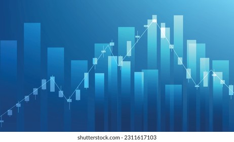 economy situation concept. Financial business statistics with bar graph and candlestick chart show stock market price and currency exchange on blue background