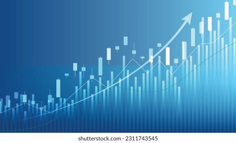 economy situation concept. Financial business statistics with bar graph and candlestick chart show stock market price and currency exchange on blue background