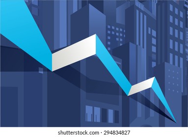 Economy stock market crash down, meltdown, go down. City building background.