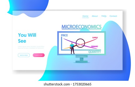 Economy Studying Landing Page Template. Tiny Male Character Stand with Magnifying Glass at Huge Computer Screen with Microeconomics Graph Price, Quantity, Supply or Demand. Cartoon Vector Illustration