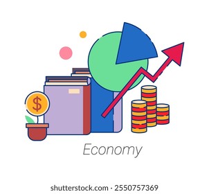 Materia de economía en la escuela o colegio, disciplina universitaria. Vector aislado icono de dibujos animados planos para el currículo estudiantil. Finanzas y evaluación económica, presupuesto y técnicas de ahorro