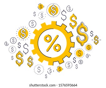 Economy system and business concept, gear mechanism with dollar signs and icon set, allegory design of systematic business and financial activity, vector illustration.