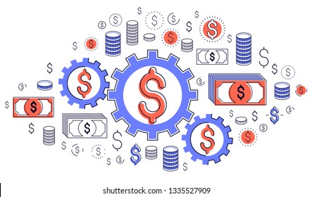 Economy system and business concept, gears and cogs mechanism with dollar signs and icon set, allegory design of systematic business and financial activity, vector illustration.