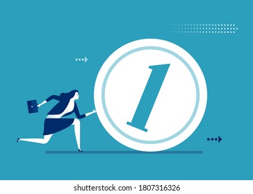 Economy and trade concept. Woman running and rolling coin. Business vector illustration