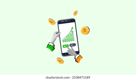 Economy trends investment concept. Businessman hand holding mobile phone with graph growth stock and money coins fall.Creative trend Collage Art Vector illustration