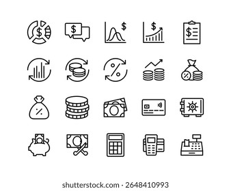 Economy Vector Icon Set | Adjustable Line Weight | Budget, profit, savings, investment, currency, banking, growth, finance, exchange, payment, chart, economy icons