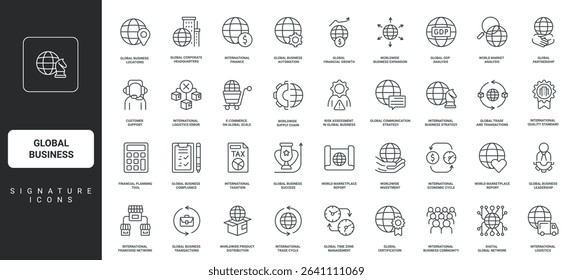 Economy of world, embargo and tax, customer support thin black outline symbols vector illustration. Global business, international cooperation and enterprise strategy, network line icon set.