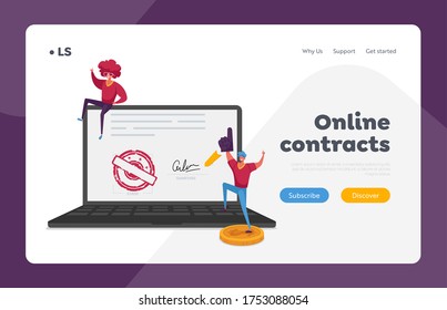 Econtract Signing Landing Page Template. Tiny Male Characters Cheering at Huge Laptop with Document, Digital Signature and Stamp on Screen. Electronic Contract. Cartoon People Vector Illustration