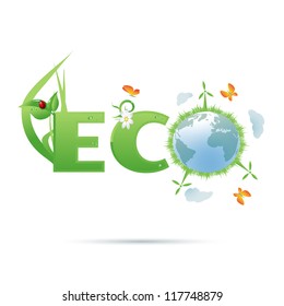 Eco-planet text symbol/Eco-planet text symbol with grass,wind power generators, clouds,flower,ladybug and butterflies