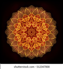 ecorative ornate snowflake looking like Indian round lace mandala. Vintage vector pattern. Invitation, wedding card, scrapbooking. Christmas card design. Gold over black.