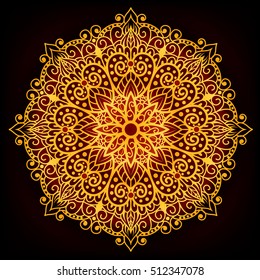 ecorative ornate snowflake looking like Indian round lace mandala. Vintage vector pattern. Invitation, wedding card, scrapbooking. Christmas card design. Gold over black.