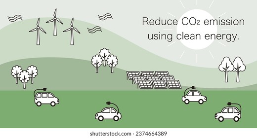 An eco-recycling society. Illustration of a city where EV electric cars are running using renewable energy from solar and wind power generation. Vector illustration.
