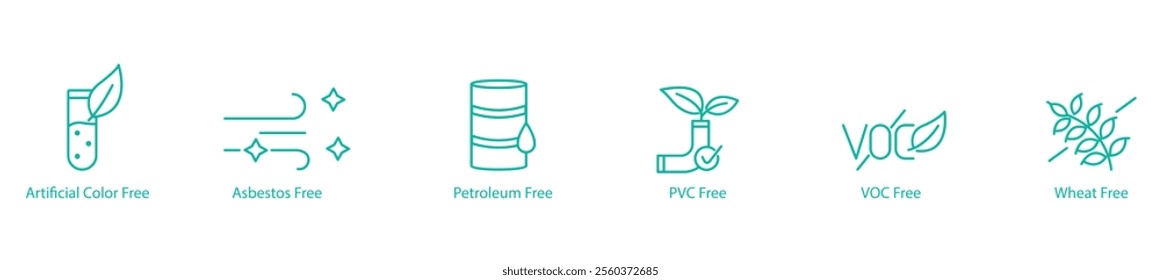 Eco-Safe Icon Set – Artificial Color, Asbestos, Petroleum, PVC, VOC, and Wheat Free Vector Icons