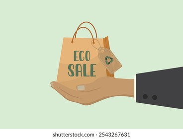 Eco-venta. Compras sostenibles en mano. Compras responsables. Contratación ecológica. Mano que sostiene el bolso respetuoso del medio ambiente. Compras sin desperdicios. Opciones ecológicas de los consumidores. Ilustración vectorial