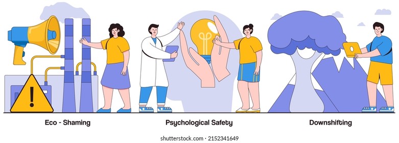 Eco-shaming, psychological safety, downshifting concepts with people characters. Social anxiety illustrations pack. Simple living, minimal lifestyle, escape, internet shaming, propaganda metaphor.