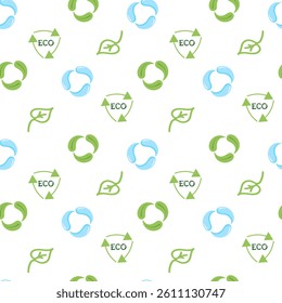 Eco-style seamless pattern with recycling icons and globe on light background. Perfect for sustainable packaging, branding, eco campaigns and eco-friendly product backgrounds.Vector illustration