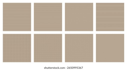 Conjunto de estilo econômico com 8 padrões de notebook: estreito, largo, tracejado, linhas de manuscrito, grade pequena e grande, grade tracejada, ponto. Ideal para registro em log, impressão ecológica e planejadores de estilo natural.