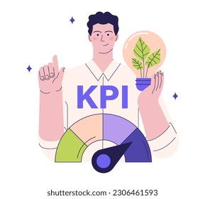 Eco-sustainable key performance indicators implementation. Personnel manager monitoring employees or company performance in climate conservation and footprint reduction. Flat vector illustration