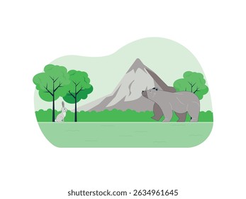 Ecossistema. Animais na floresta. Biosfera da Terra da Natureza. A vida ecológica das montanhas. Urso e coelho na paisagem selvagem. Biologia conceito de habitat plano. Vetor vida selvagem ambiente tidy espécies.