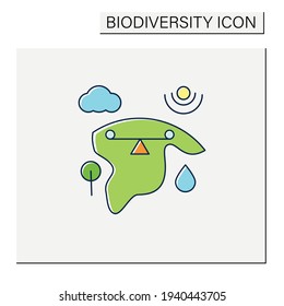 Ecosystem balance color icon.Requires sustainable interdependence of plants,animals,organism with non-living factors in environment.Earth protection concept.Isolated vector illustration