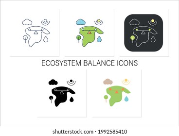 Ecosystem balance icons set.Requires sustainable interdependence of plants with non-living factors in environment.Collection of icons in linear, filled, color styles.Isolated vector illustrations