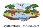 Ecosystem, biodiversity concept. Different forest habitats, carnivore animals, birds in wild environment, nature. Wildlife, fauna diversity. Flat vector illustration isolated on white background