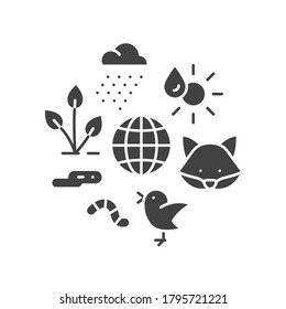 Ecosystem black glyph icon. Sustainable biodiversity and animal friendly environment. Sign for web page, app. UI UX GUI design element.