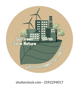 Ecosystem city and world environment day concept. Green city ecology on leaves.  Flat vector modern illustration 