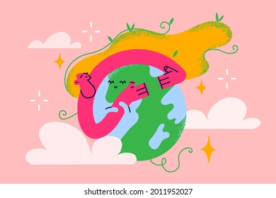 Ecosystem climate awareness and environment concept. Mother earth as environmental ecological and green planet hugging planet and caring of biodiversity conservation protection vector illustration