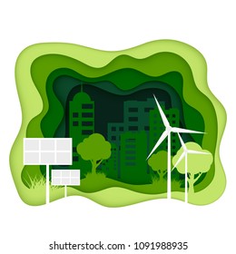 Ecosystem concept. Eco city with clean energy. Creen paper cut ecology banner.  World Environmant day. Solar battery and wind power plants symbol of green energy. Vector illustration
